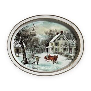 Vintage Currier And Ives The‎ American Homestead Winter Metal Serving Tray Oval